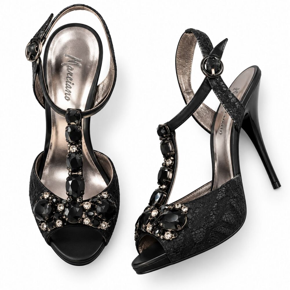 Marciano Womens 8M Black Lace Jeweled Stiletto Heels Rhinestone Mob Wife Glam